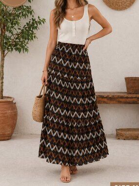 Boho Chevron Print Tiered Maxi Skirt Women's Size M Valija Gitana